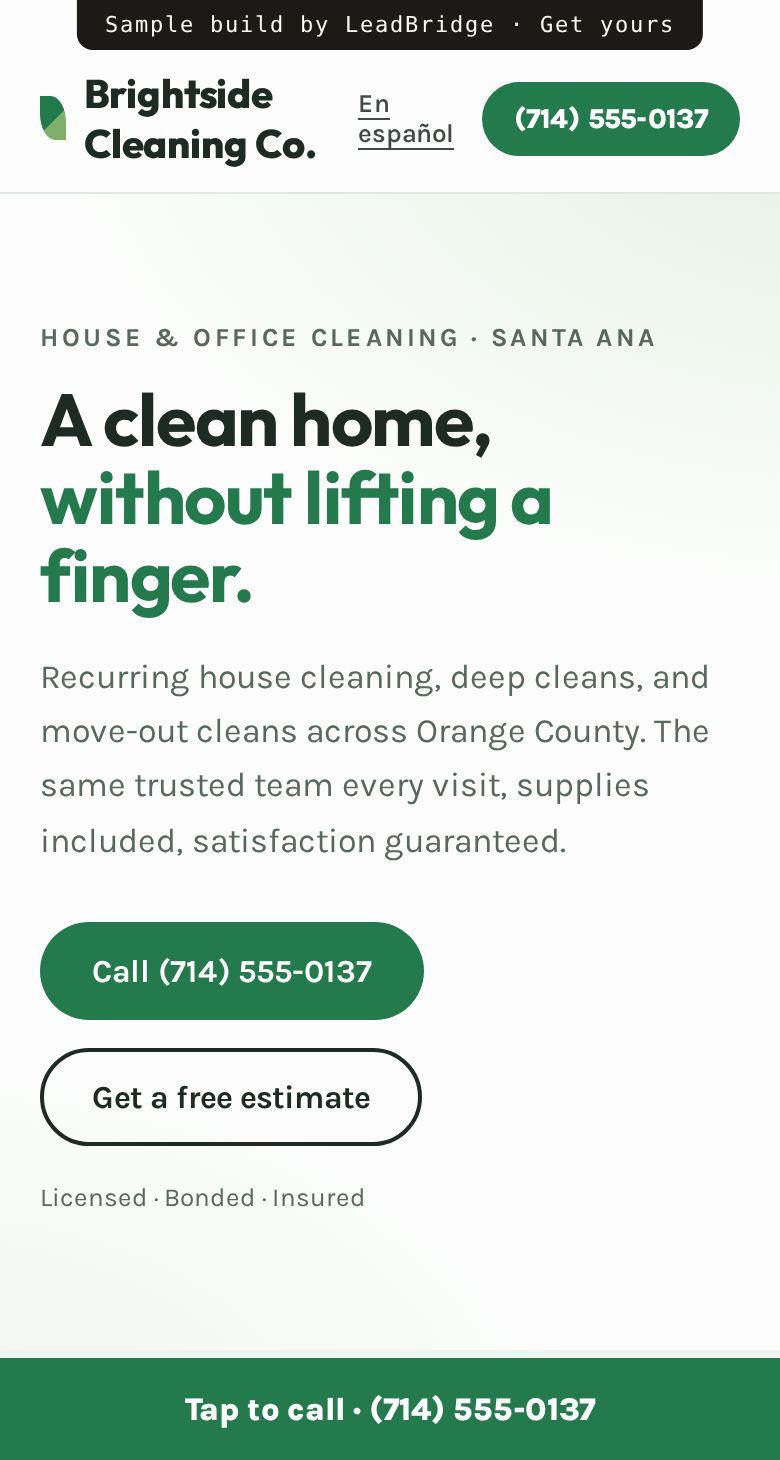 Sample cleaning company website on a phone