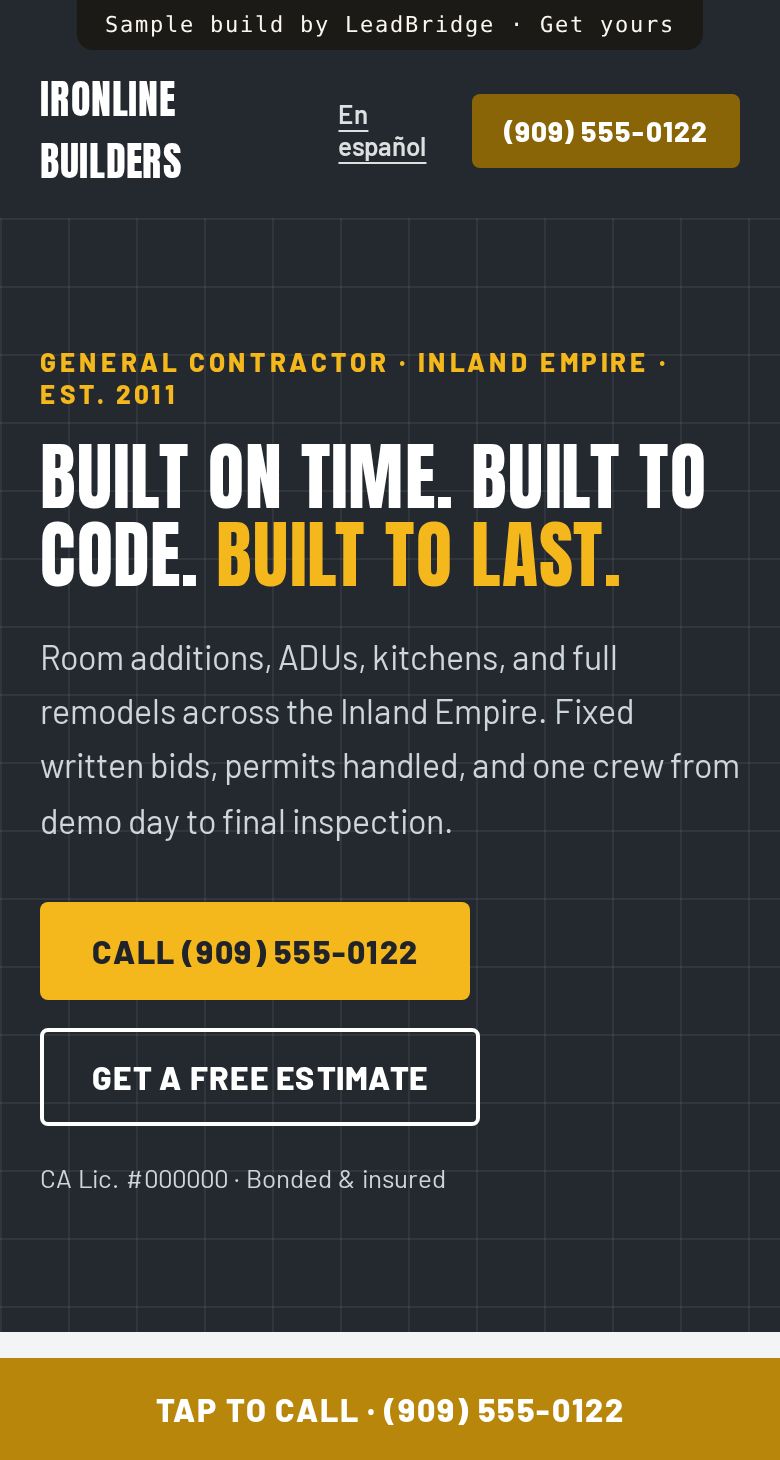 Sample construction company website on a phone