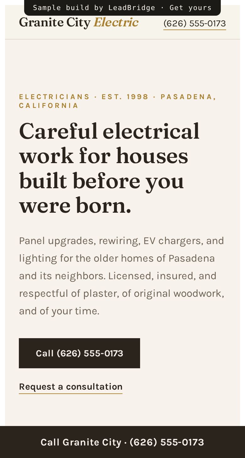 Sample electrical contractor website on a phone