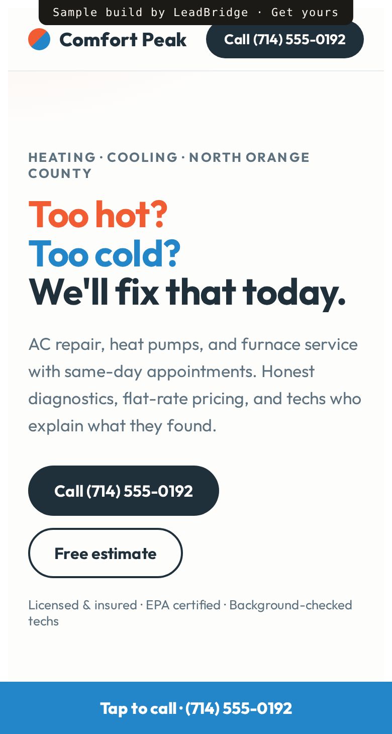 Sample HVAC contractor website on a phone