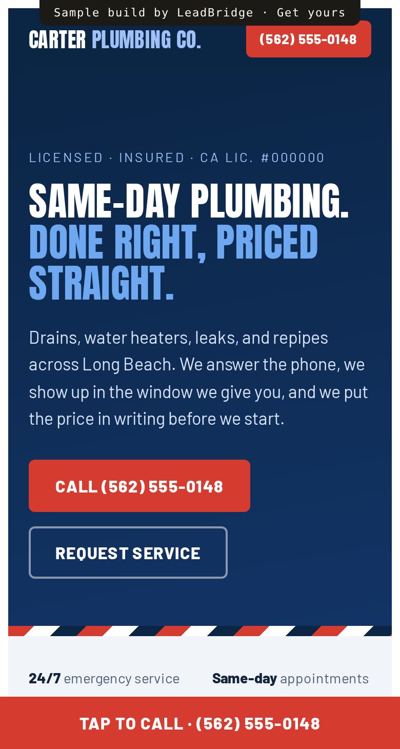 Sample plumbing contractor website on a phone
